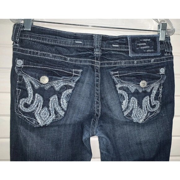 MEK DENIM Sz 29 32 St. Louis Easy Bootcut Dark Wash Denim Jeans Distressed EUC - Picture 5 of 9